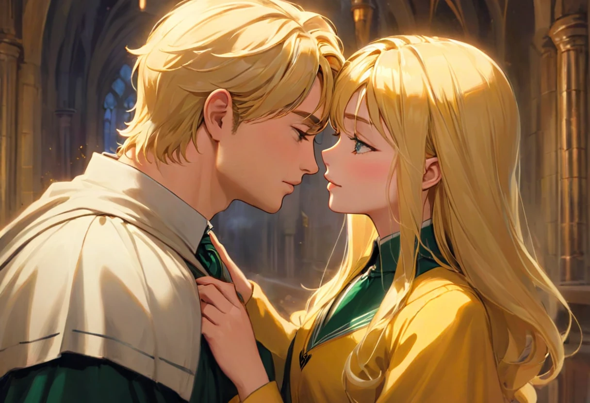 Casal blond, homem Sonserina blond, Hufflepuff Hufflepuff and blonde, Slytherin men fall in love in the enchanted world of Hogwarts, blond, Mulher Lufa Lufa loira e Homem Sonserina blond se envolvem em uma história de amor mágica. The scene unfolds with breathtaking beauty and attention to detail, com beijo apaixonado do casal de blonds, Obra de arte blond. As we delve deeper into this scene, the expertly crafted visuals capture the essence of their love. Os Cutes olhos detalhados da mulher de Lufa Lufa loira brilham com uma sensação de admiração, drawing you into their enchanting connection. O olhar intenso do homem blond de Sonserina blond reflete sua admiração afetuosa por ela, the depth of your emotions radiating from your soulful eyes. Your lips meet in a tender embrace, Portrayed with delicate precision and captivating realism. Os intrincados detalhes de seus lábios formam uma união perfeita de blonds, your love immortalized by masterful brushstrokes. Homem blond da casa de Sonserina blond e Mulher loira da casa de Lufa Lufa loira, couple kiss in love, Cutes, apaixonados blonds