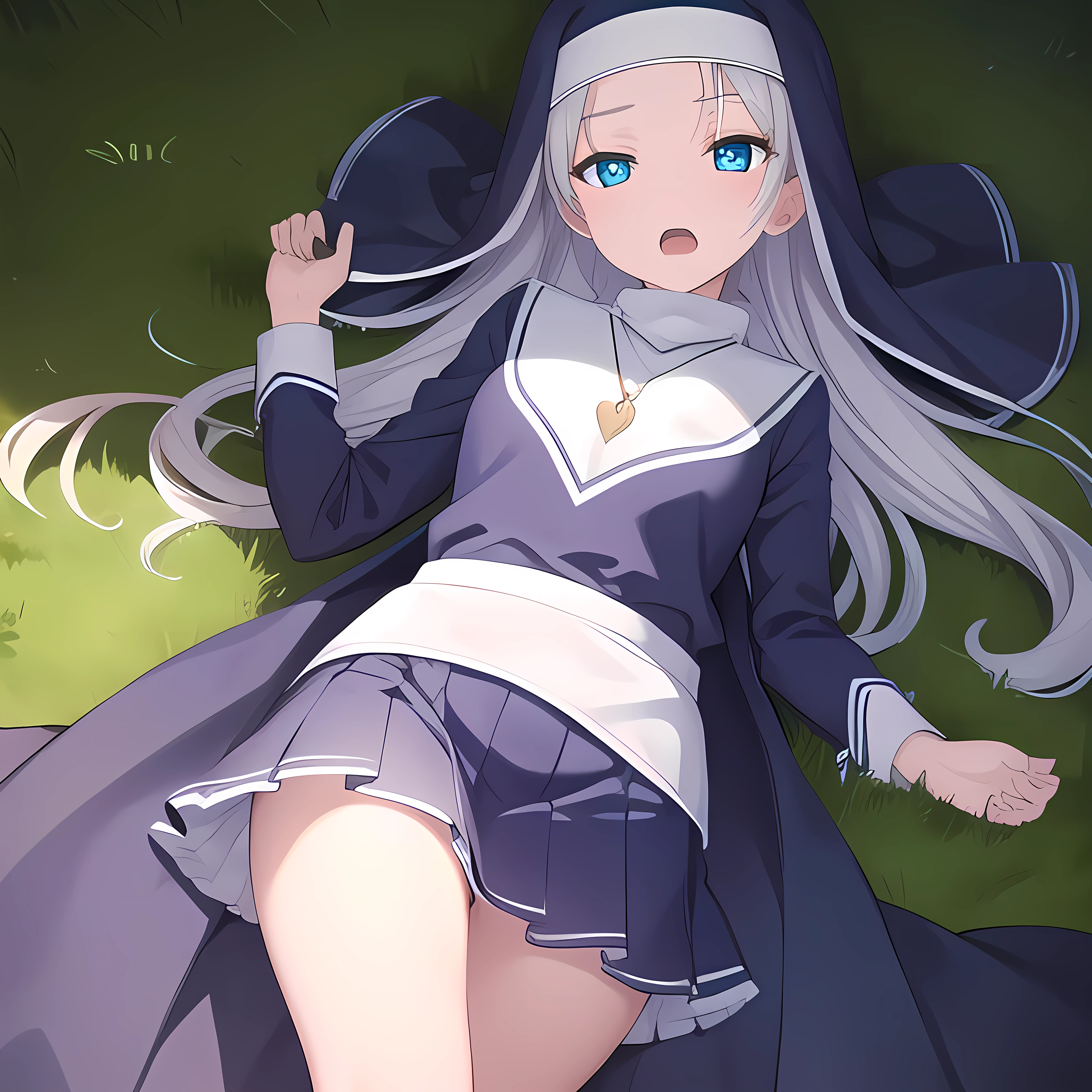 mariatakayama, maria takayama, long hair, blue eyes, fang, aqua eyes,
BREAK jewelry, heart, necklace, nun, habit, white short skirt
BREAK outdoors, lying on the ground, sleeping, closed eyes, open mouth
BREAK sleeping in front of viewer (cowboy shot:1.5),
BREAK (masterpiece:1.2), best quality, high resolution, unity 8k wallpaper, (illustration:0.8), (beautiful detailed eyes:1.6), extremely detailed face, perfect lighting, extremely detailed CG, (perfect hands, perfect anatomy),