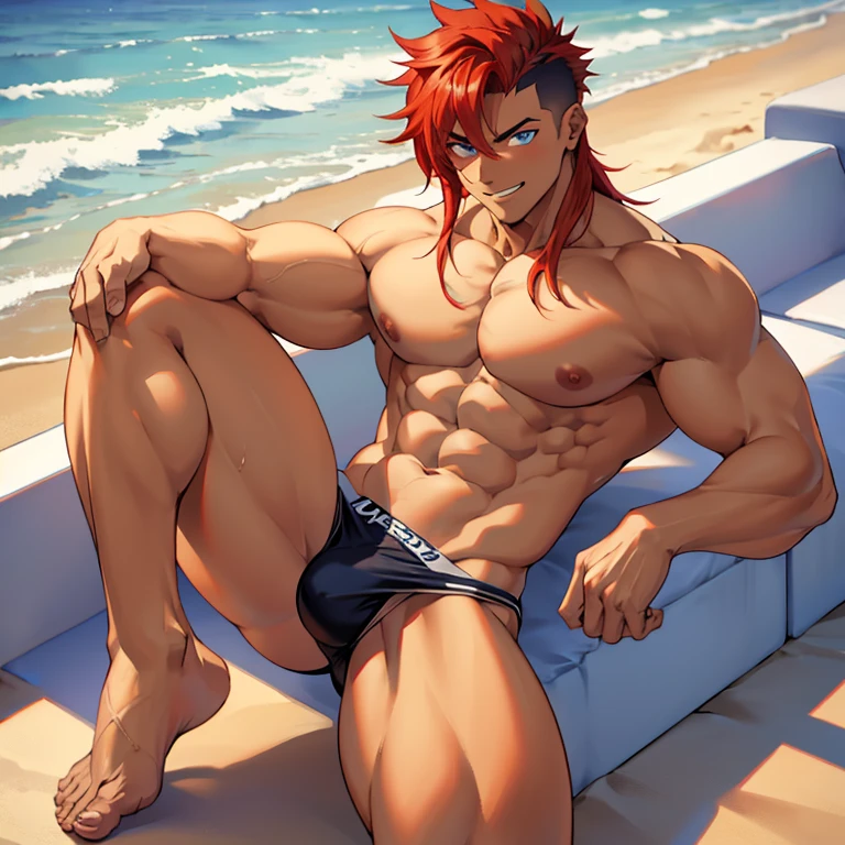 male boy bodybuilder flexing sexy in a beach, spoiled boy, arrogant attitud, femboy, indulged rich boy, anime style, rich boy, sexy thongs, erotic thongs, arrogant smiling, 23 years old, handsome, long hair, mohawk haircut, big legs, full body, defined body, topless, red hair, shirtless, abs, extremely defined muscles, handomse, high quality, 4k, blue eyes, sexy look, sexy pose, bara, close up,((best quality))), ((ultra-detailed))