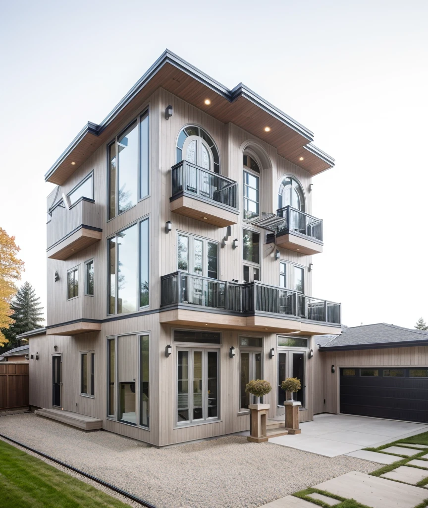 house exterior contemporary style, modernism, glass doors and windows,black metal rail, conwood ceilling, masterpiece, highquality, realistic photo, canon eos 5D mark, natural light,