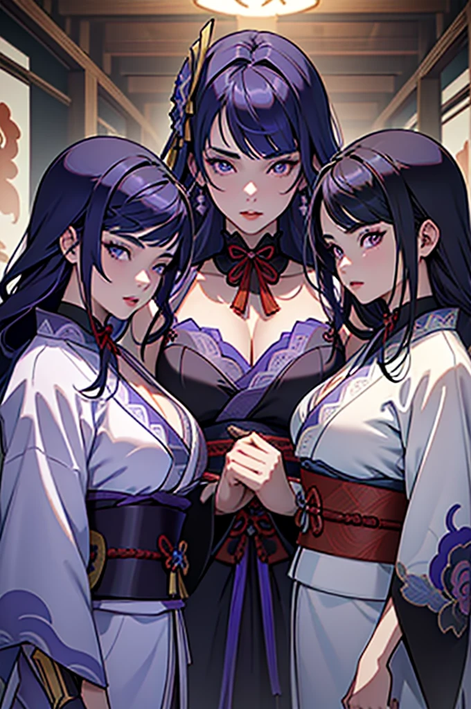 ((Best Quality)), ((Masterpiece)),8k, High Definition, high quality, masterpiece:1.5, Beatiful, (Very detailed:1.3), three young women:1.5 , (((3 young women triplets: looks like raiden shogun from genshin impact triplets sisters, long hair, full breasts ojos perfectos, One with a seductive look in a black kimono, the other with a white kimono and a soft look, the last one with casual clothes and a relaxed look))), in a castle in feudal Japan , violet hair, long hair looks like shogun raiden from genshin impact, triplets sisters:1.5, violet fur, Elengantes,Three young women, con lar pelo como el de la shogun raiden de genshin impact Very detailed , pretty face, detailed face, Stand Grande, full breasts, Perfect face,, detailed hands, Perfect Luxury Kimono Bundles, sisters, Beautiful women, perfect lips, full lips, BIG BREASTS, juicy breasts, full breasts, beautiful triplets sisters, triplets sisters looks like raiden shogun from genshin impact.