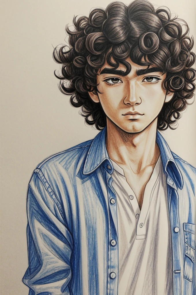 anime drawing, Chico, curly hair, sad look