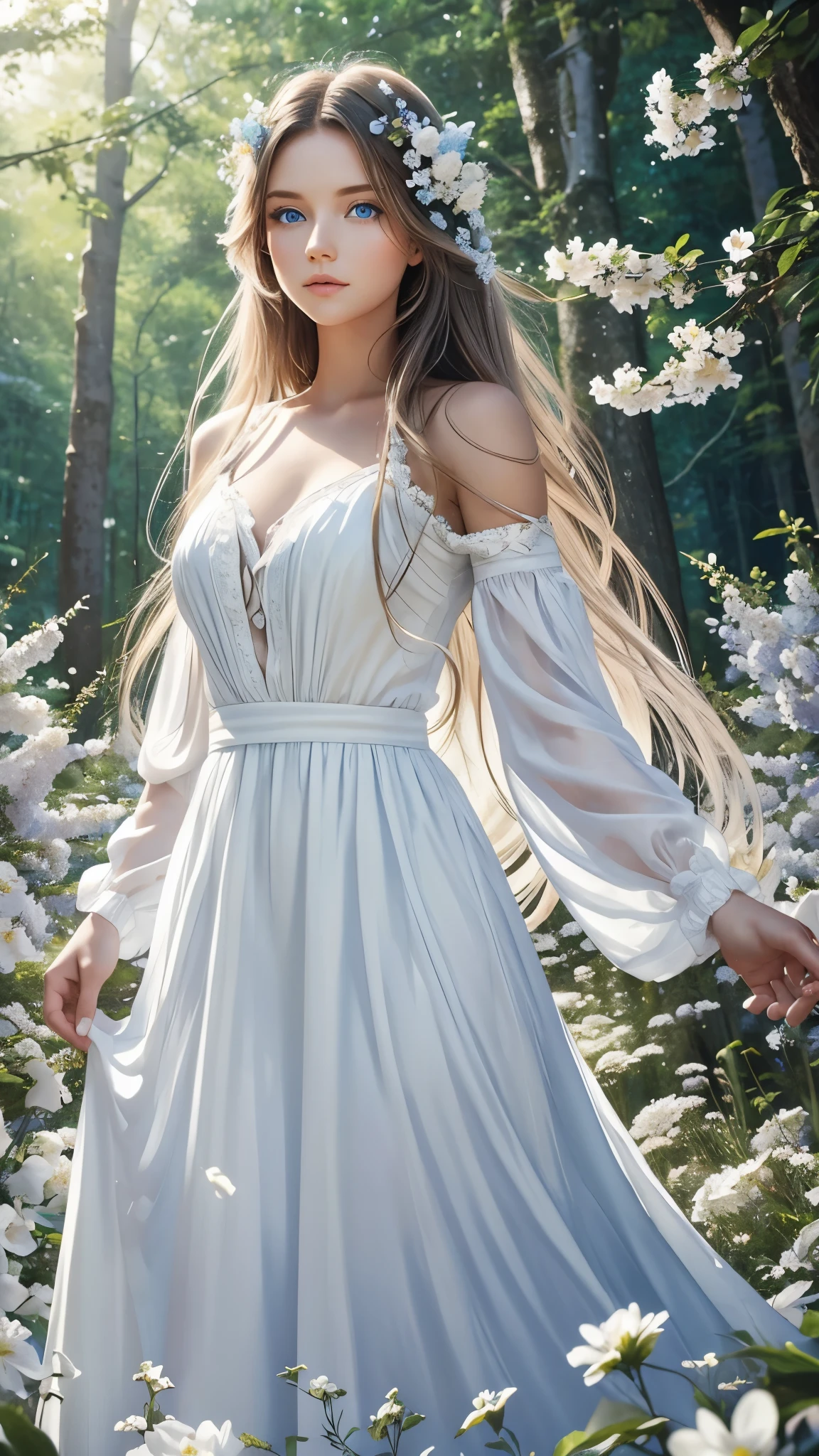 Female angel with blue eyes and long hair wearing white dress in a beautiful forest full of flowers 