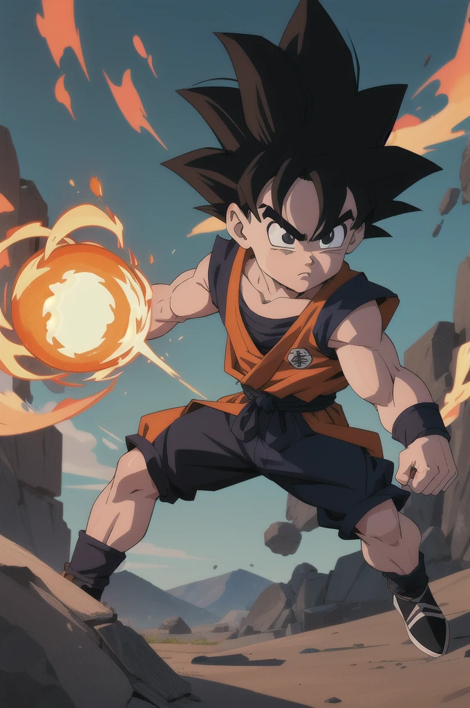 Manga style, illustration, line art style, high quality, manga masterpiece, highres, very detailed, digital illustration, small Kid Goku, Dragonball, black hair, spiked hair, real goku clothes orange color, black belt and black shoes, fire ball, dougi, solo male , outdoors,fighting,
