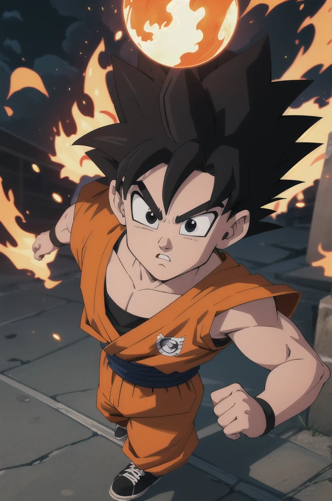 Manga style, illustration, line art style, high quality, manga masterpiece, highres, very detailed, digital illustration, small Kid Goku, Dragonball, black hair, spiked hair, real goku clothes orange color, black belt and black shoes, fire ball, dougi, solo male , outdoors,fighting,