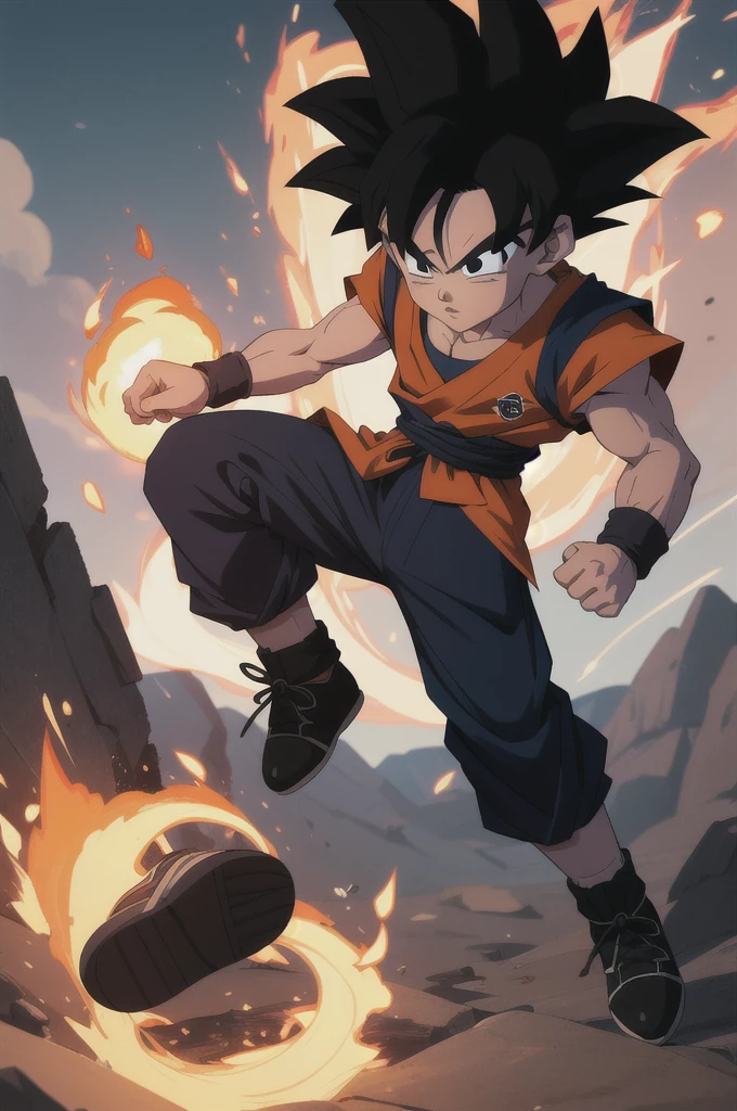 Manga style, illustration, line art style, high quality, manga masterpiece, highres, very detailed, digital illustration, small Kid Goku, Dragonball, black hair, spiked hair, real goku clothes orange color, black belt and black shoes, fire ball, dougi, solo male , outdoors,fighting,
