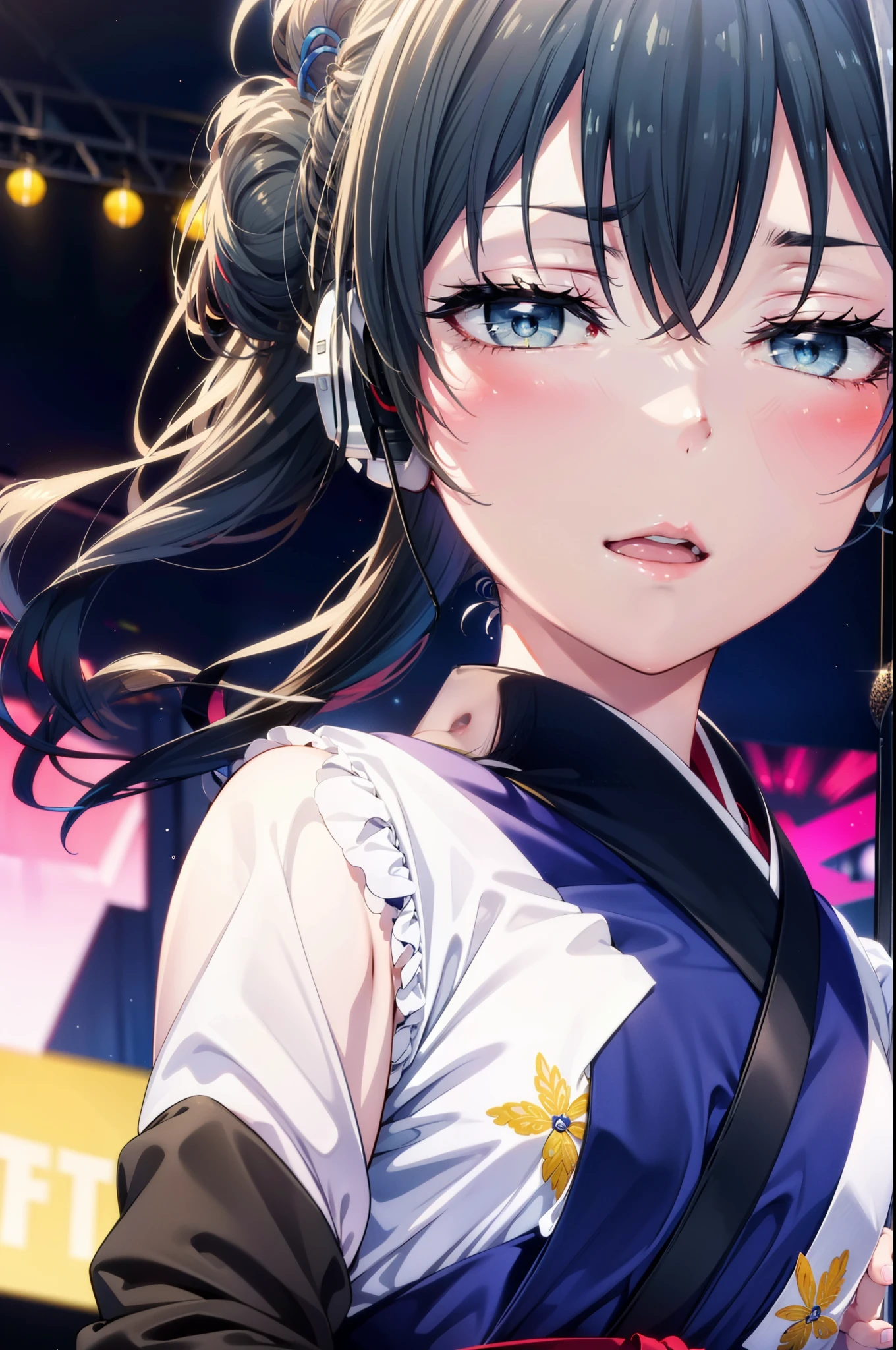 Yukino, yukino yukinoshita, Black Hair, blue eyes, Long Hair, Ahoge,happy smile, smile, Open your mouth,アイドル歌手がライブstageで熱狂的に歌うシーンのイラスト. アイドル歌手がstage中央に立っている. Idol singers wear idol-style kimonos and ,I'm wearing boots. The idol singer has her hair up and is wearing a headset. An idol singer is holding a microphone and singing. The idol singer's expression is serious and powerful. The singer's voice is strong and beautiful. stageの周りにはファンが集まる. Fans are singing and dancing along with the idol singers.whole bodyがイラストに入るように,
break indoors, stage,
break looking at viewer, whole body,
break (masterpiece:1.2), Highest quality, High resolution, unity 8k wallpaper, (figure:0.8), (Beautiful attention to detail:1.6), Highly detailed face, Perfect lighting, Highly detailed CG, (Perfect hands, Perfect Anatomy),