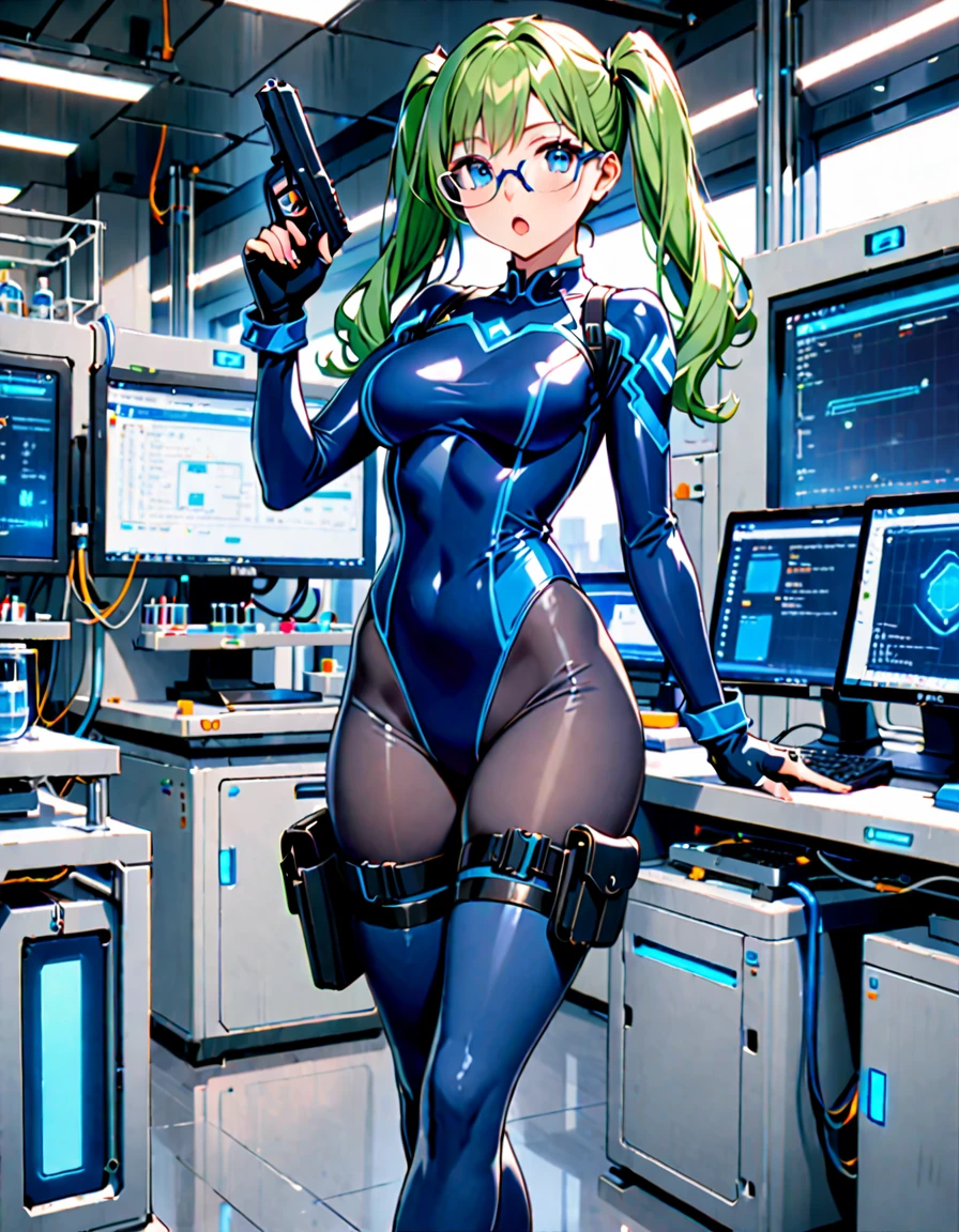 masterpiece, highly detailed, best quality, high quality, 1girl, (solo, solo focus), blue eyes, (cute eyes), beautiful detailed eyes, beautiful detailed face, perfect hands, complete fingers, perfect anatomy, perfect proportions, full body, gloves, green hair, pigtails, (blue skintight bodysuit, (blue leotard)), kochiy sanae, open mouth, (pistol holster, thigh holster, thigh strap), (full blue pantyhose, skintight blue leggings, perfect fit), ((glasses)), black boots, matching boots, fingerless gloves. laboratory, computers, holding tablet, curious look, standing. full body costume design