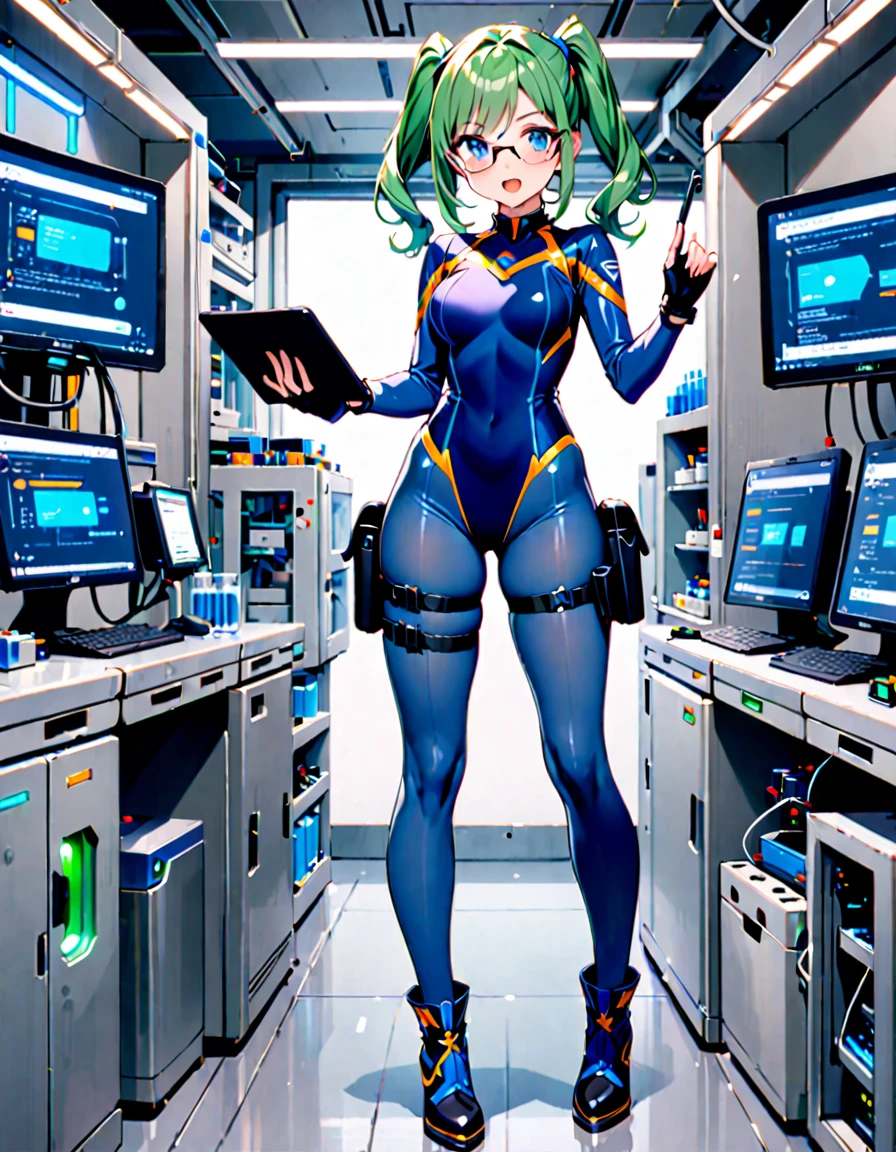 masterpiece, highly detailed, best quality, high quality, 1girl, (solo, solo focus), blue eyes, (cute eyes), beautiful detailed eyes, beautiful detailed face, perfect hands, complete fingers, perfect anatomy, perfect proportions, full body, gloves, green hair, pigtails, (blue skintight bodysuit, (blue leotard)), kochiy sanae, open mouth, (pistol holster, thigh holster, thigh strap), (full blue pantyhose, skintight blue leggings, perfect fit), ((glasses)), black boots, matching boots, fingerless gloves. laboratory, computers, holding tablet, curious look, standing. full body costume design