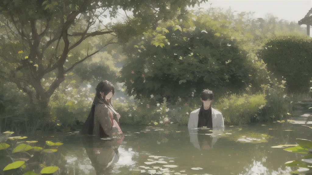 show 2 people, a beautiful woman in a pond, a young man ouside hiding behind the tree