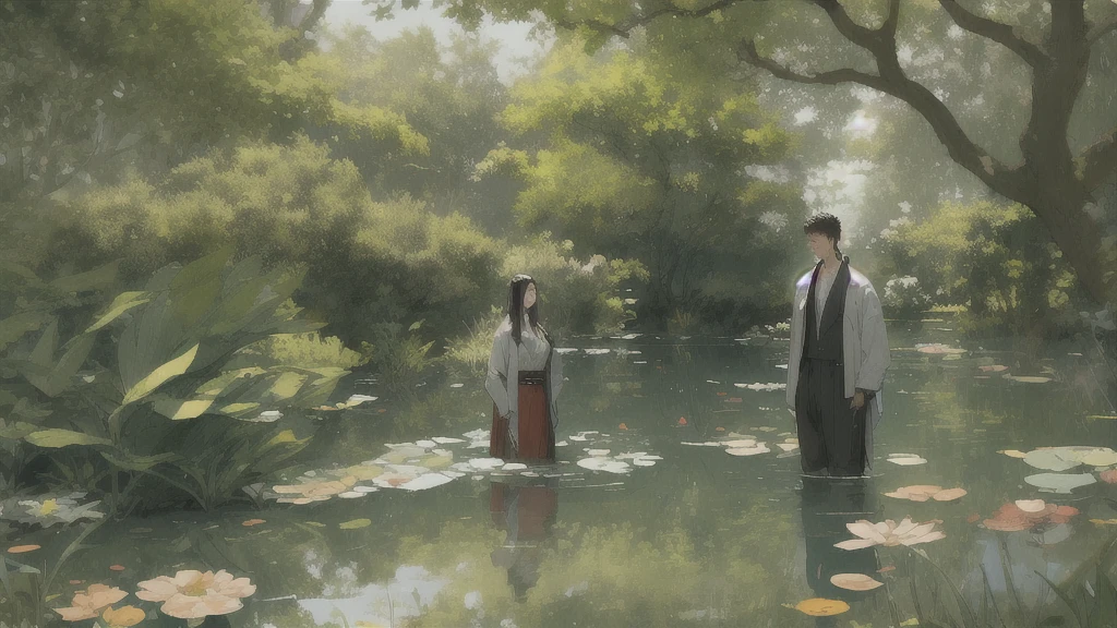 show 2 people, a beautiful woman in a pond, a young man ouside hiding behind the tree