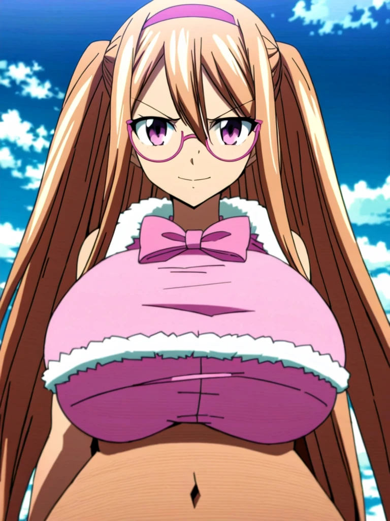 (style of Fairy Tail), (post-timeskip), (high quality), (high resolution), (anime art:0.1), 1girl, solo, long hair, looking at viewer, swept bangs, light-pink eyes, smirking, (circle len glasses),  (huge breast), (curvy body), wavy hair, (dark brown hair:1.0), (dark tanned skin), (brown colored skin tone), pink top hat, pink bowtie, ((long puffy pink fur coat)), (pink latex dress), upper body, close-up,