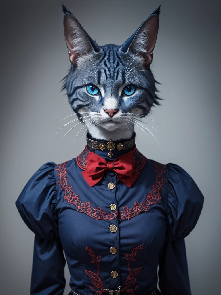 anthropomorpic cat, horned, intricate collar, blue and red