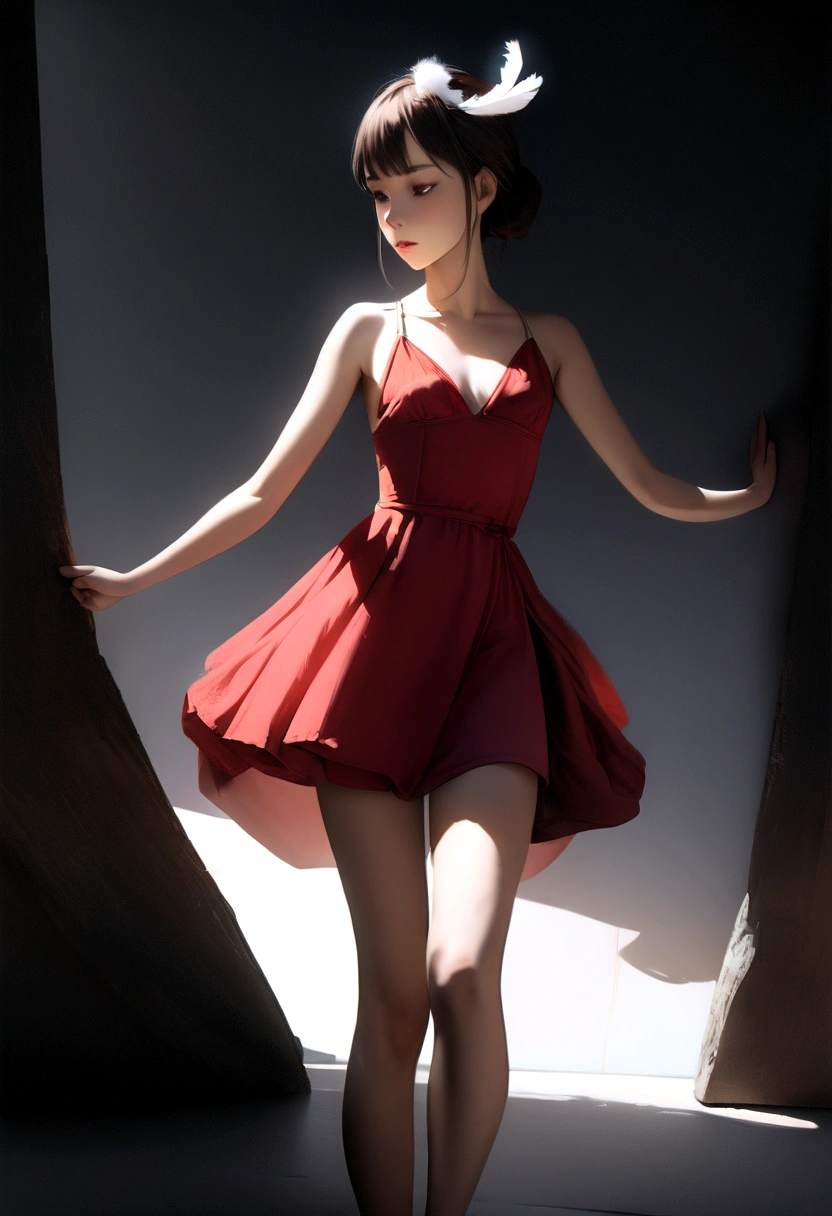 Top quality, masterpiece, super high resolution, (realism: 1.4), raw photo, (slender legs) (perfect figure), dynamic pose, one girl, small white feathers on her head, solo, red dress, darkness, Deep shadows, low key, cold light 12000K