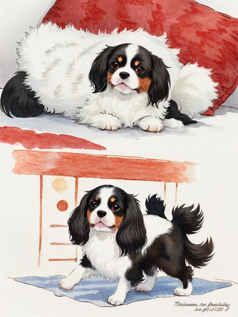 loose watercolor splashes. Whimsical funny caricature of a black tricolor Cavalier King Charles dog, white and red with very fluffy messy hair, black shiny eyes, rising upward hanging a pillow of red hearts designed in your mouth. texto: "bed time! Good evening everyone! ". pastel-colored washed bg within white stairs. kindness, sweetness