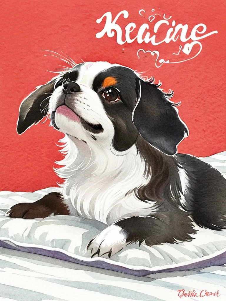loose watercolor splashes. Whimsical funny caricature of a black tricolor Cavalier King Charles dog, white and red with very fluffy messy hair, black shiny eyes, rising upward hanging a pillow of red hearts designed in your mouth. texto: "bed time! Good evening everyone! ". pastel-colored washed bg within white stairs. kindness, sweetness
