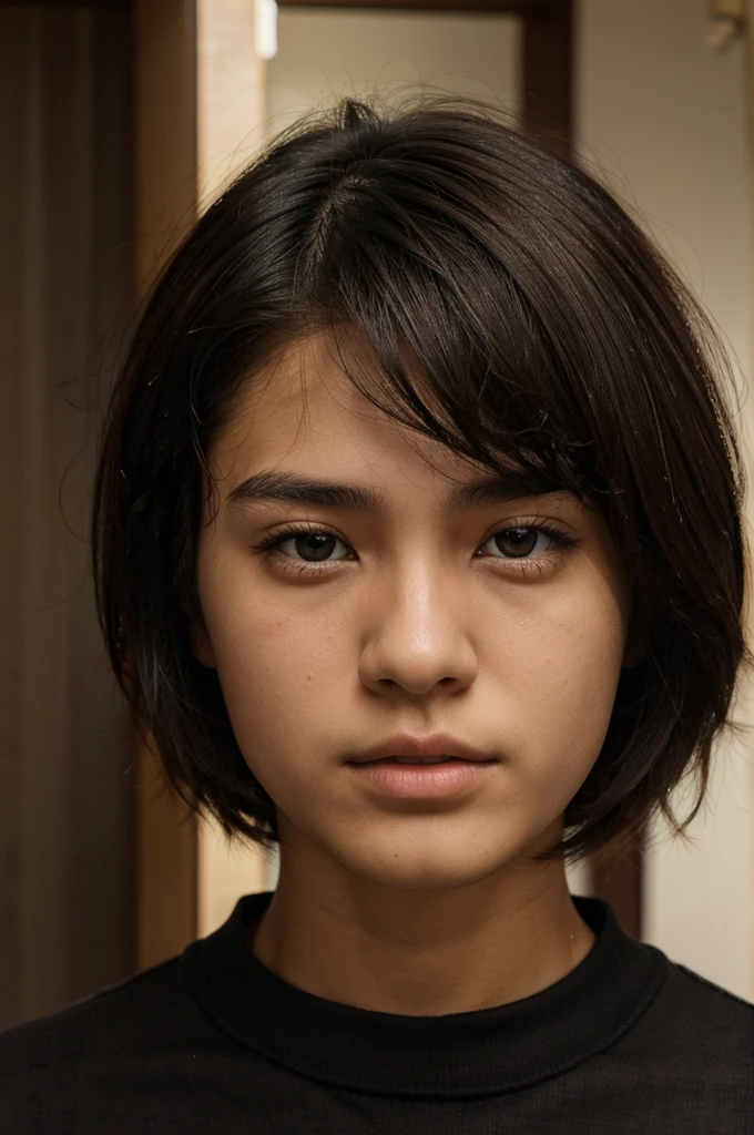 A 17-year-old youth. Handsome face, serious facial expression, wide brown eyes, cool short black hair, wearing a black Japanese . background putih