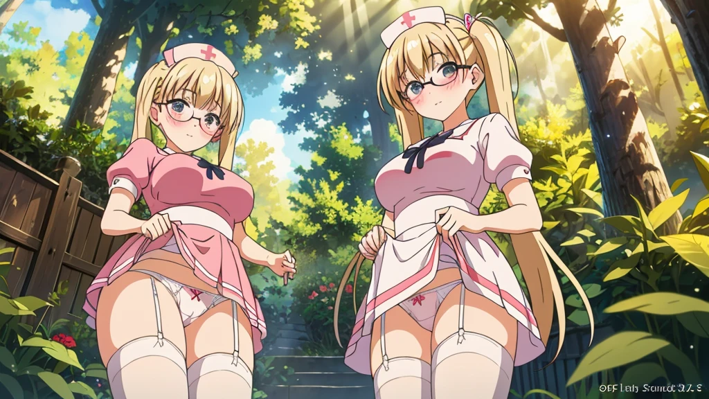 (extremely detailed fine touch:1.2), (natural light, sun light, light rays, dappled light, ray tracing:1.2) , masterpiece, best quality, highly quality ,
sugar_ser0, 1girl, solo,looking at viewer,freckles, (blush:1.3),framed eyewear,
pink dress, puffy short sleeves,
nurse cap,rabbit hair ornament,
bandaged arms,
white thighhighs,garter straps,
garden ,embarrassed,skirt, looking at viewer, underwear, skirt lift, thighs, from below, lifted by self, cowboy shot, standing, white thong