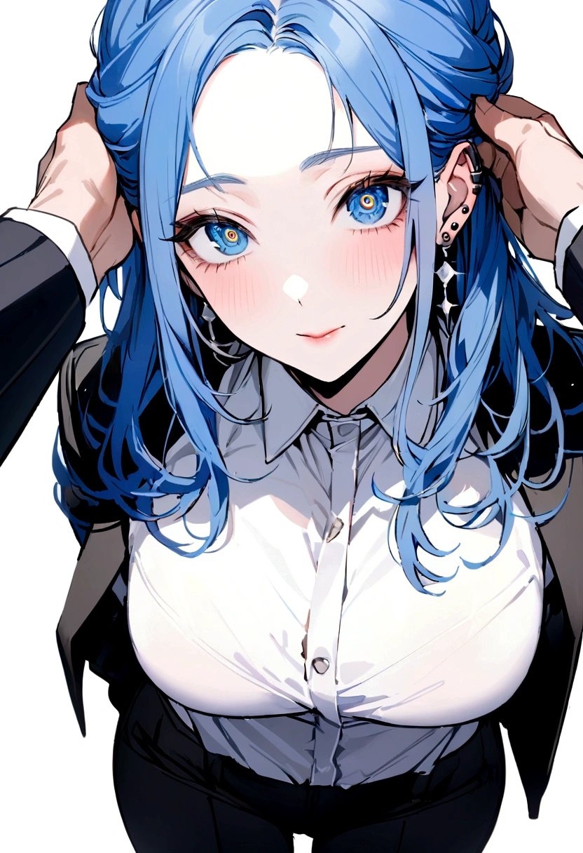 Pure white plain background、masterpiece、Handsome、uncle、She has her bangs up、The forehead is visible、30 years old、Blue Hair、Black jacket、Black Pants、White shirt、Give bangs、Showing his forehead、Handsome、Intricately drawn eyes、good looking、White background、Pure white plain background、Long piercings