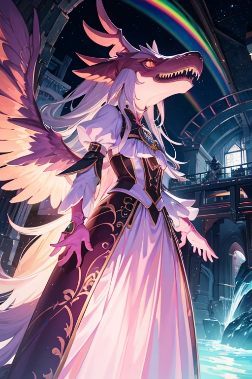 Pink Tyrannosaurus,costume、Pink Tyrannosaurusのcostume1人の少女がピンクのcostumeを着て観客の前に立っている((masterpiece, Highest quality)),figure,Ultra high definition 8K,Realistic,Sharp focus,Very detailed,Professional Lighting,Colorful details,Rainbow Light BREAK Extreme Long Shot of Factory