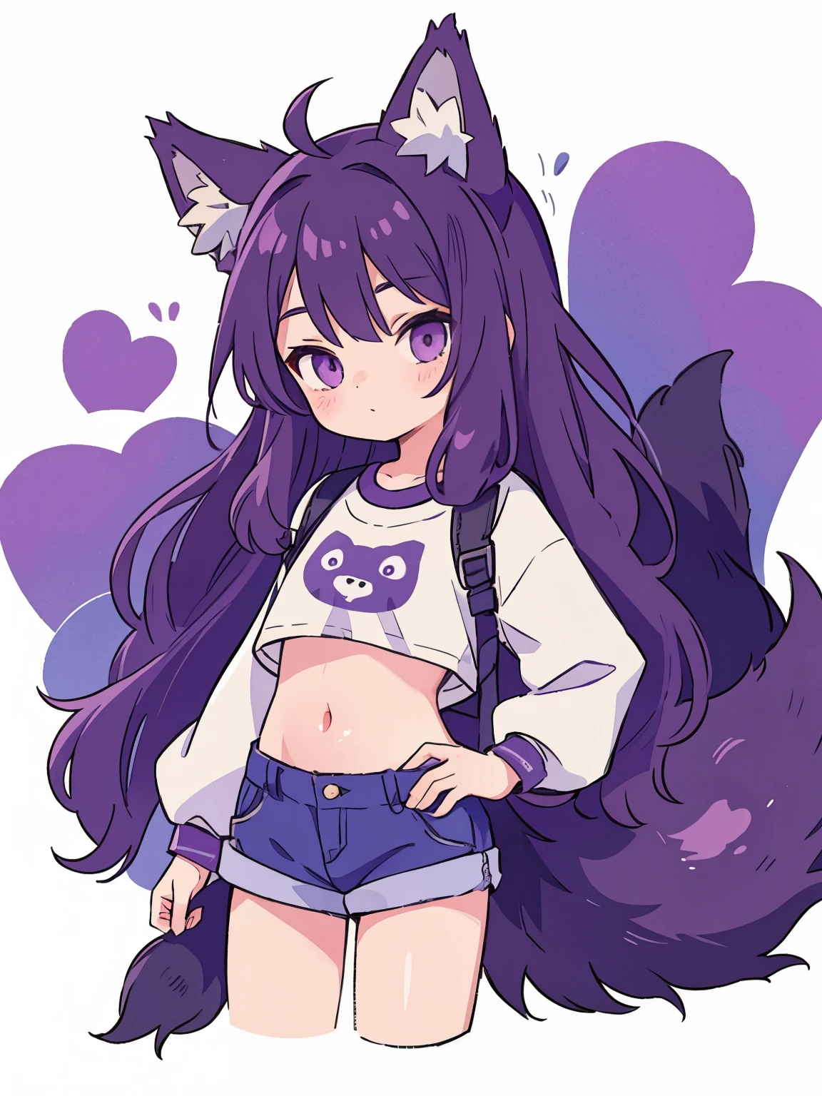 Cute, young, flat chest, 10 years old, shorts, crop-top, wolf ears, fluffy tail, dark purple hair, dark purple tail, wearing vr headset
