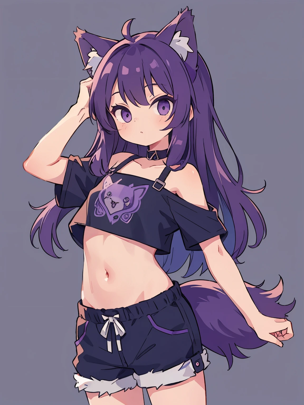 Cute, young, flat chest, ************, shorts, crop-top, wolf ears, fluffy tail, dark purple hair, dark purple tail, wearing vr headset