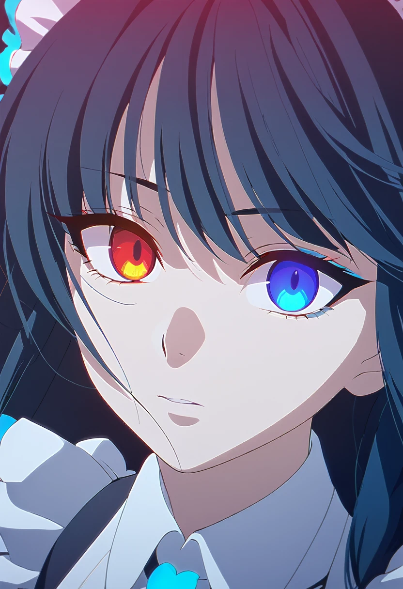 a beautiful blue and black kitsune, detailed portrait, intricate details, sensual, 1girl, long black hair, long black With blue tips tail, heterochromia(one blue eye,one red eye), eyes glowing intensely, detailed eyes and face,longeyelashes,vivid colors, anime style, lady maid outfit,