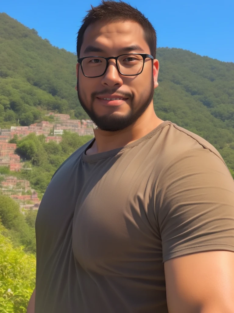 An award-winning original photo，a handsome 38-year-old man, crew cut, (((full body))), (((landscape))), mature man, [slightly fat], asian man, brown eyes, rounded face, glasses, slightly balding, 1boy, Solo, (big shoulders), (((stubbles, Short beard))), (((full beard))), (Beautiful eyes:1.3), (Detailed face:1.3), imge comics, comic book cover