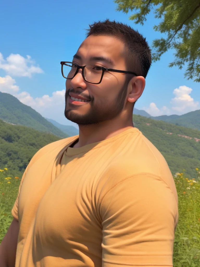 An award-winning original photo，a handsome 38-year-old man, crew cut, (((full body))), (((landscape))), mature man, [slightly fat], asian man, brown eyes, rounded face, glasses, slightly balding, 1boy, Solo, (big shoulders), (((stubbles, Short beard))), (((full beard))), (Beautiful eyes:1.3), (Detailed face:1.3), imge comics, comic book cover