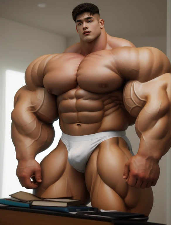 1boy, giant, alone, giant bodybuilder, illuminating light, strong body, bulk, large size, standing, with white background, indoor, nude, white triangular underwear, thick bulge, scratch his bulge, extraordinary big, brutalmass, giant muscular body, bulk, buff, massive body, large meaty body size, extremely wide body