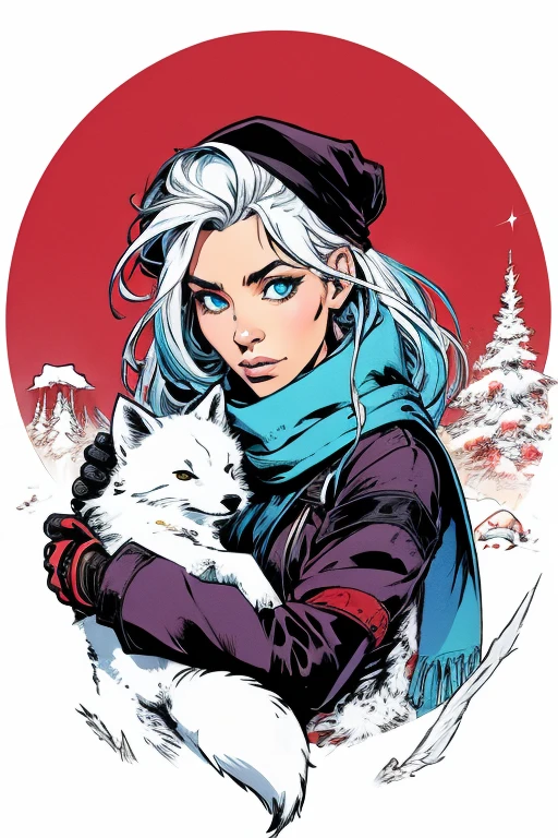 Style-NebMagic, portrait of Ismail Inceoglu, Gazela, James Jean, Anton Fadeev e Yoshitaka Amano, a cute and cuddly arctic fox wearing a Style-SylvaMagic scarf in the snow, very detailled, 8k resolution, digitl art, trends on artstation, swirly vibrant colors, chibi style, work of art, lovely friendly lovely