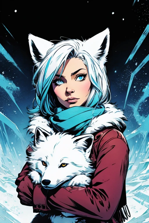 Style-NebMagic, portrait of Ismail Inceoglu, Gazela, James Jean, Anton Fadeev e Yoshitaka Amano, a cute and cuddly arctic fox wearing a Style-SylvaMagic scarf in the snow, very detailled, 8k resolution, digitl art, trends on artstation, swirly vibrant colors, chibi style, work of art, lovely friendly lovely