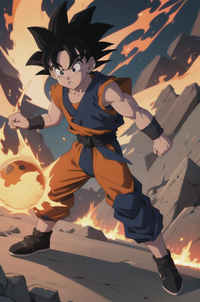 Manga style, illustration, line art style, high quality, manga masterpiece, highres, very detailed, digital illustration, small Kid Goku, Dragonball, black hair, spiked hair, real goku clothes orange color, black belt and black shoes, fire ball, dougi, solo male , outdoors,fighting,