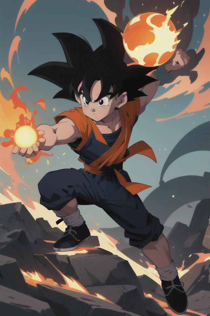 Manga style, illustration, line art style, high quality, manga masterpiece, highres, very detailed, digital illustration, small ??? Goku, Dragonball, black hair, spiked hair, real goku clothes orange color, black belt and black shoes, fire ball, dougi, solo male , outdoors,fighting,