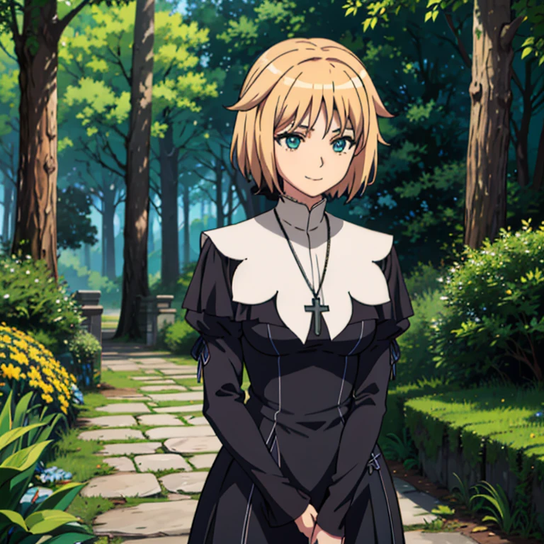 1girl, solo, blonde hair, teal eyes, smile, mature, cross necklace, black nun, Kizuki, Seikon no Qwaser, Teresa Beria, long skirt, standing, best quality, masterpiece, forest 