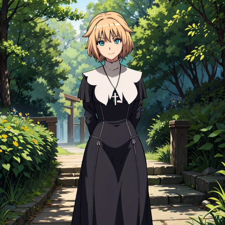 1girl, solo, blonde hair, teal eyes, smile, mature, cross necklace, black nun, Kizuki, Seikon no Qwaser, Teresa Beria, long skirt, standing, best quality, masterpiece, forest 