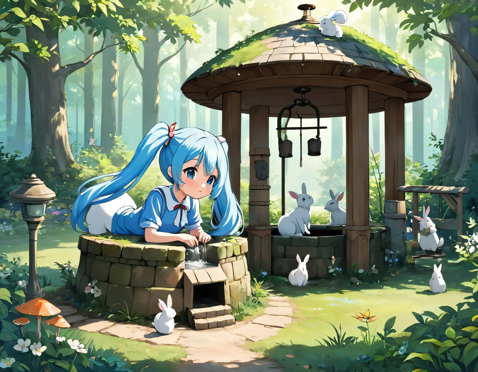 An old well in the forest, a beautiful girl with long light blue hair and twin tails, and rabbits and squirrels around the well.