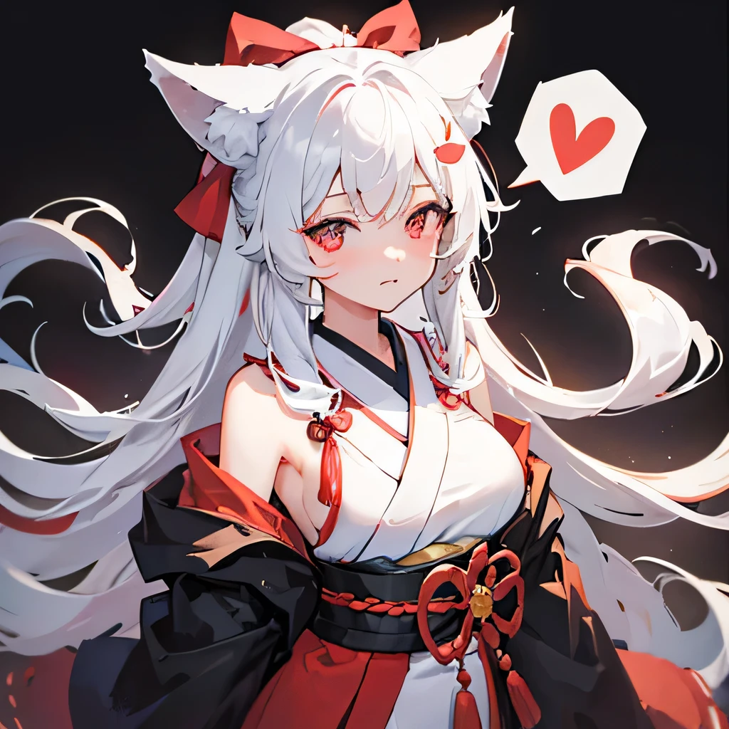 Masterpiece, high quality, muffled in a large speech bubble, one girl, wolf ears, red eyes, cute smitten face, long white hair ponytail, big tits, red kimono.