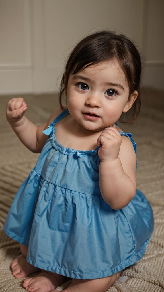 Realistic images of 6months baby girl wearing a blue long dress.