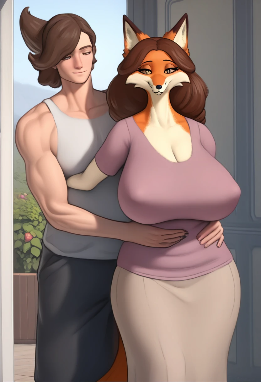 Masterpiece, hi res, absurdres, Best Quality, 4K, 8K, detailed, tall muscular male anthro Fox hugging a Mature female human(Big breasts,saggy breasts, Brown hair),semi realist style, casual clothes, detailed faces, better faces,detailed eyes