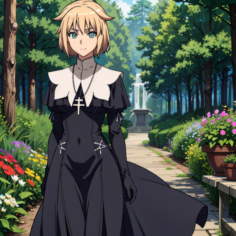 1girl, solo, blonde hair, teal eyes, smile, mature, cross necklace, black nun, Kizuki, Seikon no Qwaser, white gloves, Teresa Beria, long skirt, long cape, standing, best quality, masterpiece, forest 