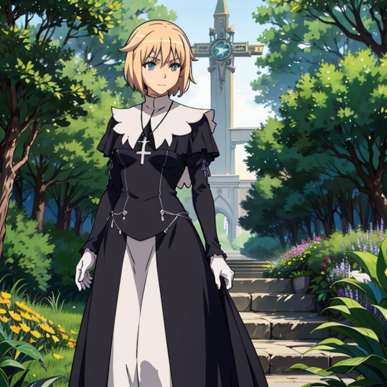 1girl, solo, blonde hair, teal eyes, smile, mature, cross necklace, black nun, Kizuki, Seikon no Qwaser, white gloves, Teresa Beria, long skirt, long cape, standing, best quality, masterpiece, forest 