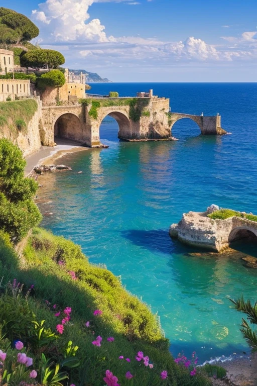 Strict adherence to the oil painting touch, The beautiful coast and clear blue sea of Sicily, Italy, as seen by Claude Monet (Claude Monet)Please draw with the touch of。
