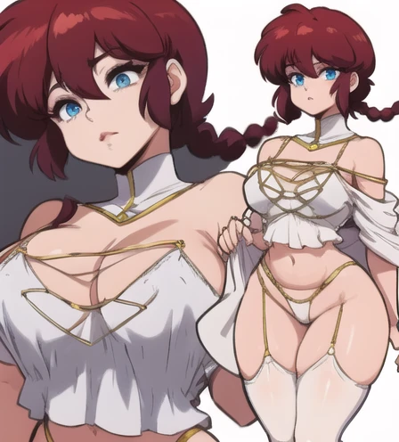 RanmaChan, Red hair, Braided hair, blue eyes, detailed eyes, whole body, lindosexyrobutts, tight black blouse, black crop top, exposed navel, clothing attached to the body, Tanga sexy, sexy stockings, 【Costume】【cosplay】White Dress of Albedo (Overlord), white thong, big neckline, lift