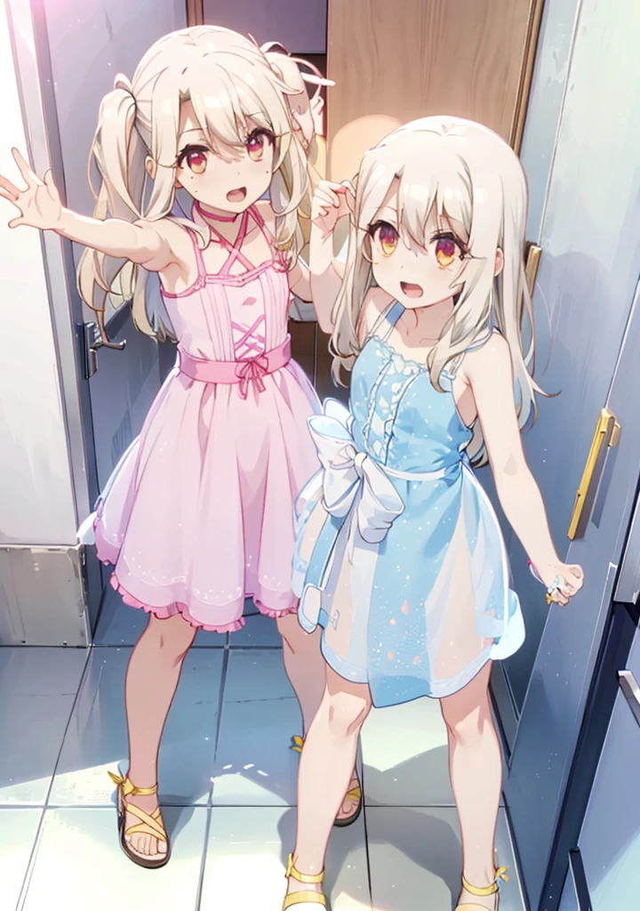 two girls standing near each other on the way to the bathroom door, chloe von einzbern, multiple girls, illyasviel von einzbern, 2girls, pink hair, dark skin, see-through, dark-skinned female, long hair, sandals, dress, open mouth, smile, no panties, looking at viewer, one side up, small breasts, yellow eyes, white dress, white hair, breasts