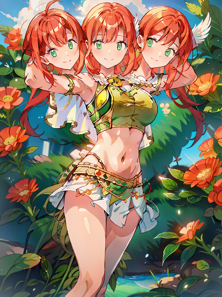 (masterpiece, best quality), best resolution, (3heads:1.5), 1girl, red hair, long flowing hair, smiling, soft smile, open belly, white-green crop top, green-white miniskirt, open breasts, huge tits, sexy pose, hair length until shoulders, feather on head, 
