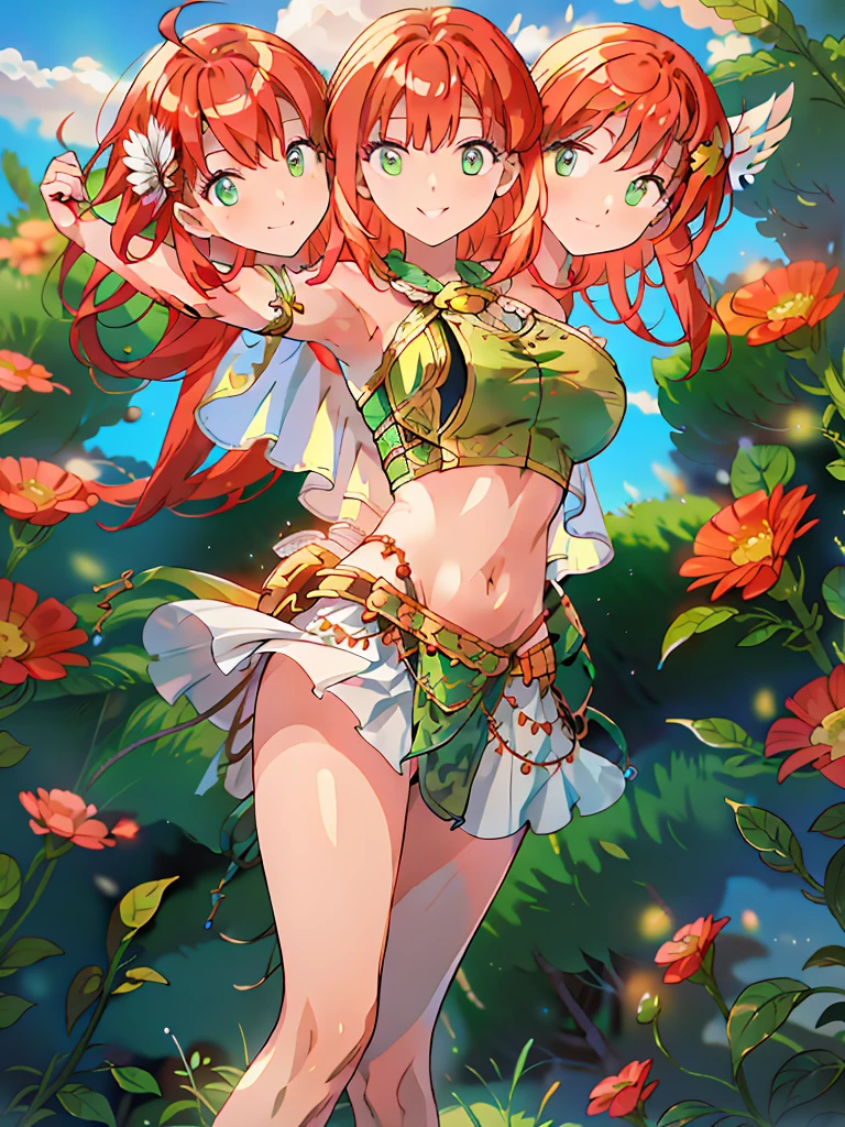 (masterpiece, best quality), best resolution, (3heads:1.5), 1girl, red hair, long flowing hair, smiling, soft smile, open belly, white-green crop top, green-white miniskirt, open breasts, huge tits, sexy pose, hair length until shoulders, feather on head,