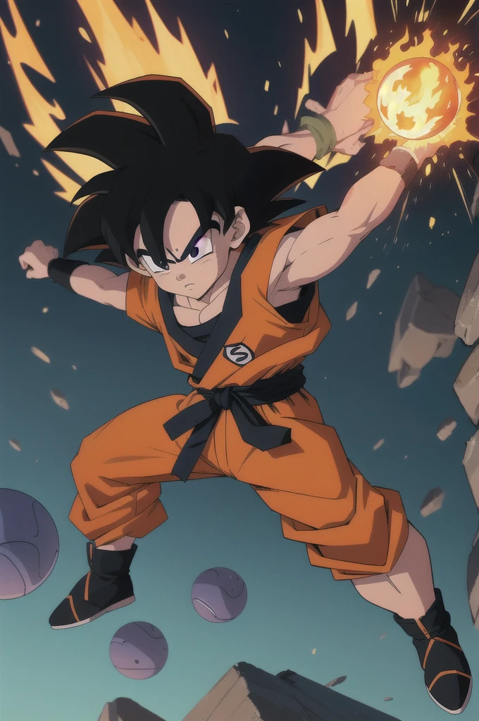 Manga style, illustration, line art style, high quality, manga masterpiece, highres, very detailed, digital illustration, small ??? Goku, Dragonball, black hair, spiked hair, real goku clothes orange color, black belt and black shoes, fire ball, dougi, solo male , outdoors,fighting,