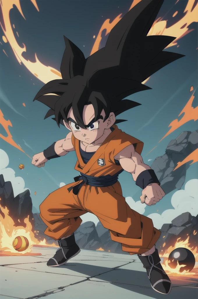 Manga style, illustration, line art style, high quality, manga masterpiece, highres, very detailed, digital illustration, small Kid Goku, Dragonball, black hair, spiked hair, real goku clothes orange color, black belt and black shoes, fire ball, dougi, solo male , outdoors,fighting,