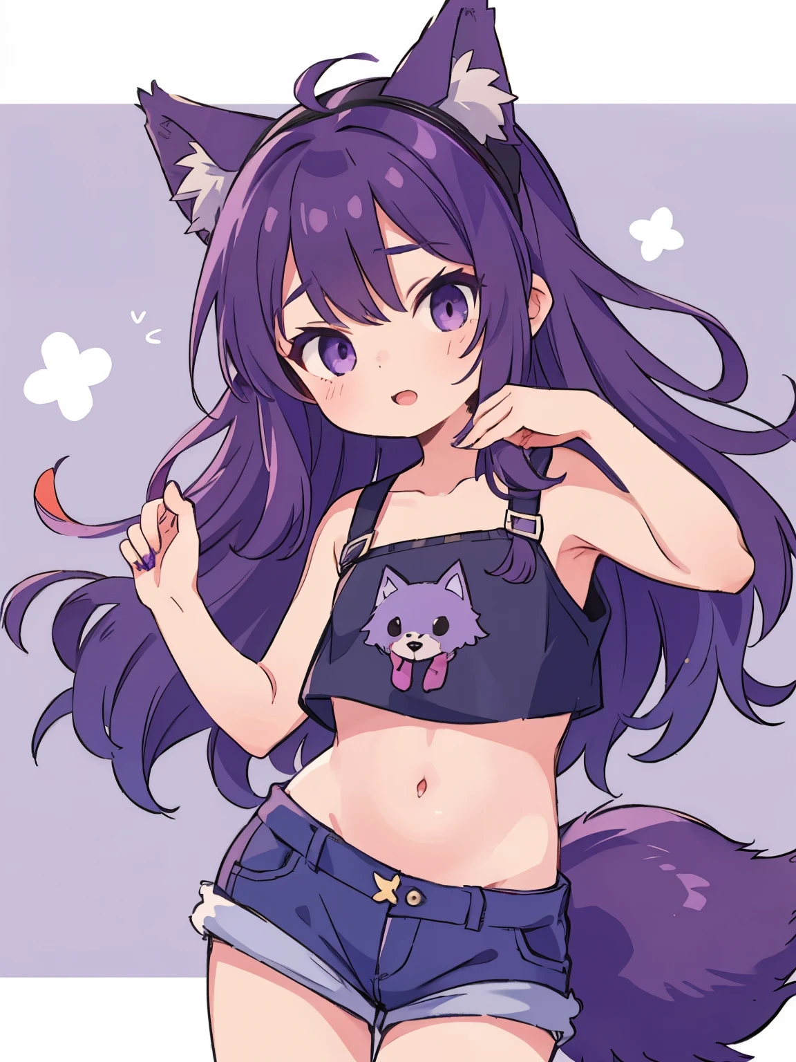 Cute, young, flat chest, , shorts, crop-top, wolf ears, fluffy tail, dark purple hair, dark purple tail, wearing vr headset